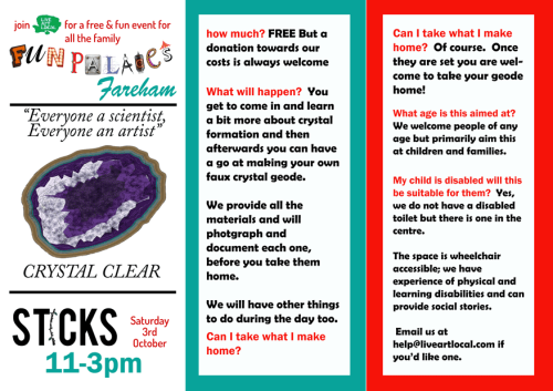 leaflet for Fareham Fun Palace at Sticks Saturday 3rd October 11am