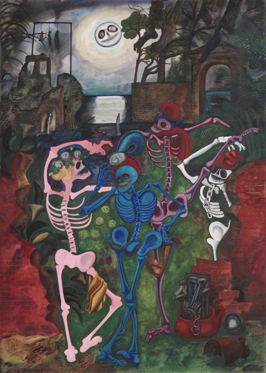 Edward Burra, Dancing Skeletons, 1934, three skeletons painted in elaborate colours dance ina haze of colour